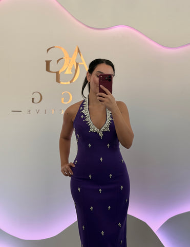ISÉRA Amethyst – İnci ve Taş İşlemeli Halter Yaka Mor Abiye Elbise